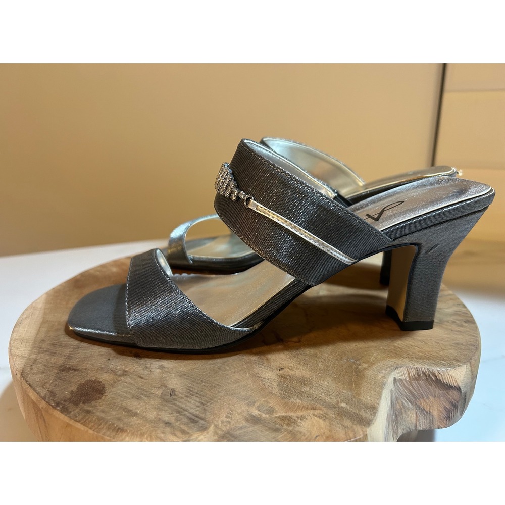 Annie‎ Womens Gunmetal Metallic Rhinestone Slide Sandals Block Heel Mules 7.5M